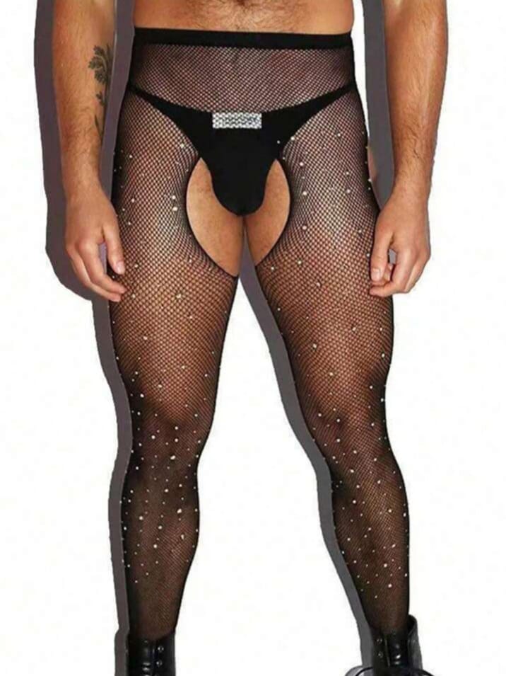 WILD-LOVE Men's Sexy Diamonds Studded Hollow Out Fishnet With Garter Belt Stockings